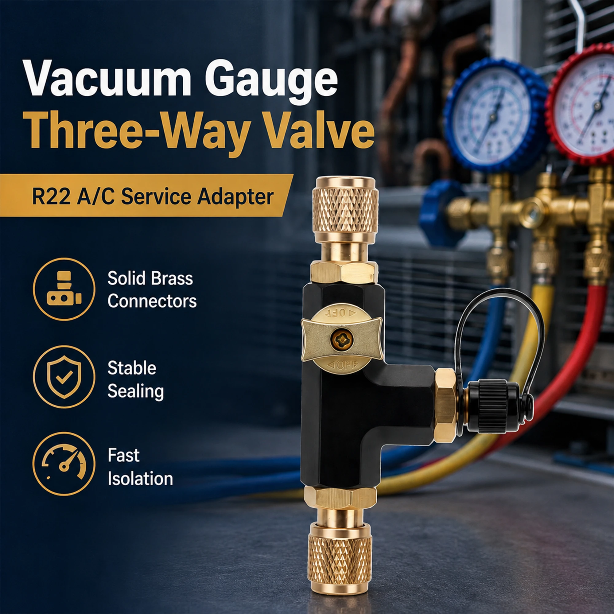 3-Way HVAC Vacuum Pump Valve, Thickened Copper Alloy 1/4 SAE Vacuum Gauge Adapter for AC Evacuation Refrigeration Repair Tool