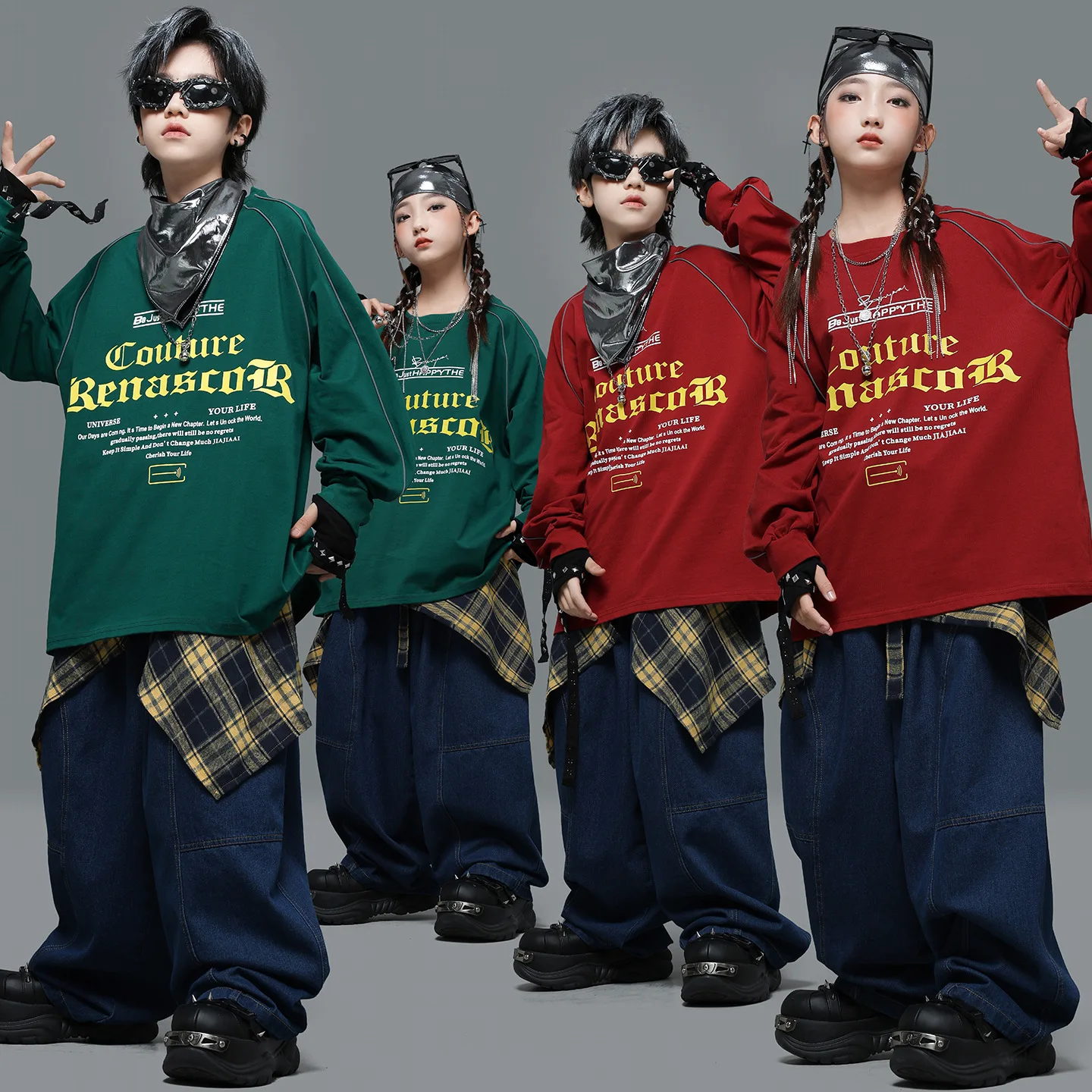 Kind Kpop Hip Hop Kleidung Grün Rot Buchstaben Sweatshirt Denim Blau Baggy Jeans Hosen für Mädchen Junge Street Dance Kostüme Kleidung