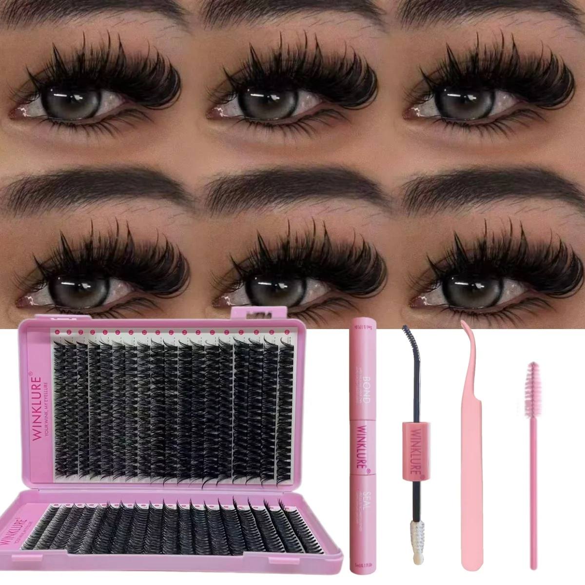 WINKLURE 720/200pcs Eyelash Extension Kit Fluffy Eyelash Extension Kit with Lash Bond and Seal Lash Tweezers Thick Lash Clusters