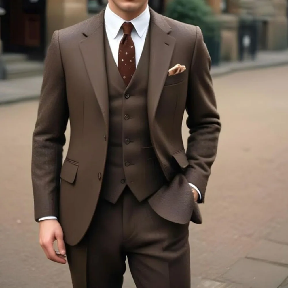 Brown Men Suits 3 Piece Jacket Pants Vest Male Clothing Slim Fit Full Sets Single Breasted Notch Lapel Male Clothing Terno 2024