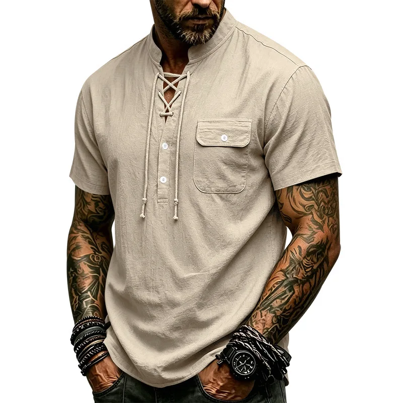 Summer Vintage Drawstring Pull On Casual Shirts Men Solid Stand Collar Short Sleeve Beach Shirt Male Fashion Pullover Blouse