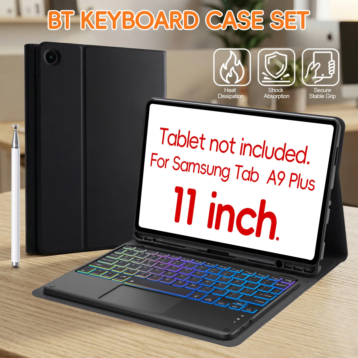 

Wireless Bluetooth Touch Backlit Detachable Keyboard Case For Samsung Galaxy Tab A9 Plus 11 Inch SM-X210 SM-X216 SM-X218 Shockproof Anti-slip Stand Tablet Protective Cover Full Protection Shell