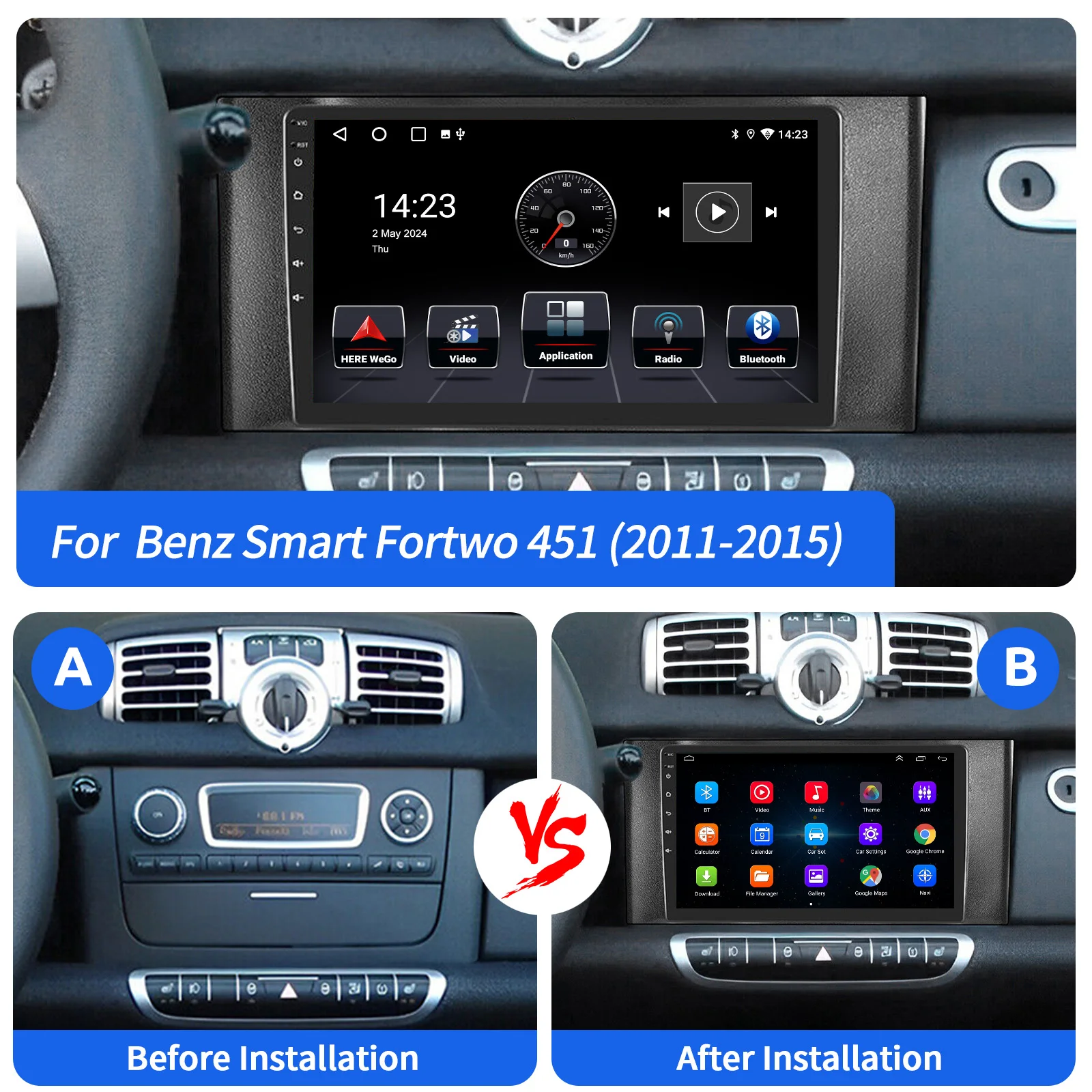 ESSGOO 9-Zoll Android 15 Autoradio für Smart Fortwo 451 2011-2015 GPS-Navigation Bluetooth Wireless Carplay RDS WIFI FM SWC DAB