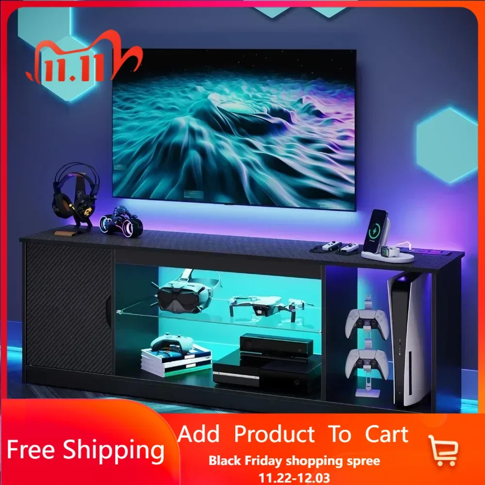 LED TV Stand with Power Outlets for 55/60/65 Inch TV, Gaming Entertainment Center with Cabinet for PS5