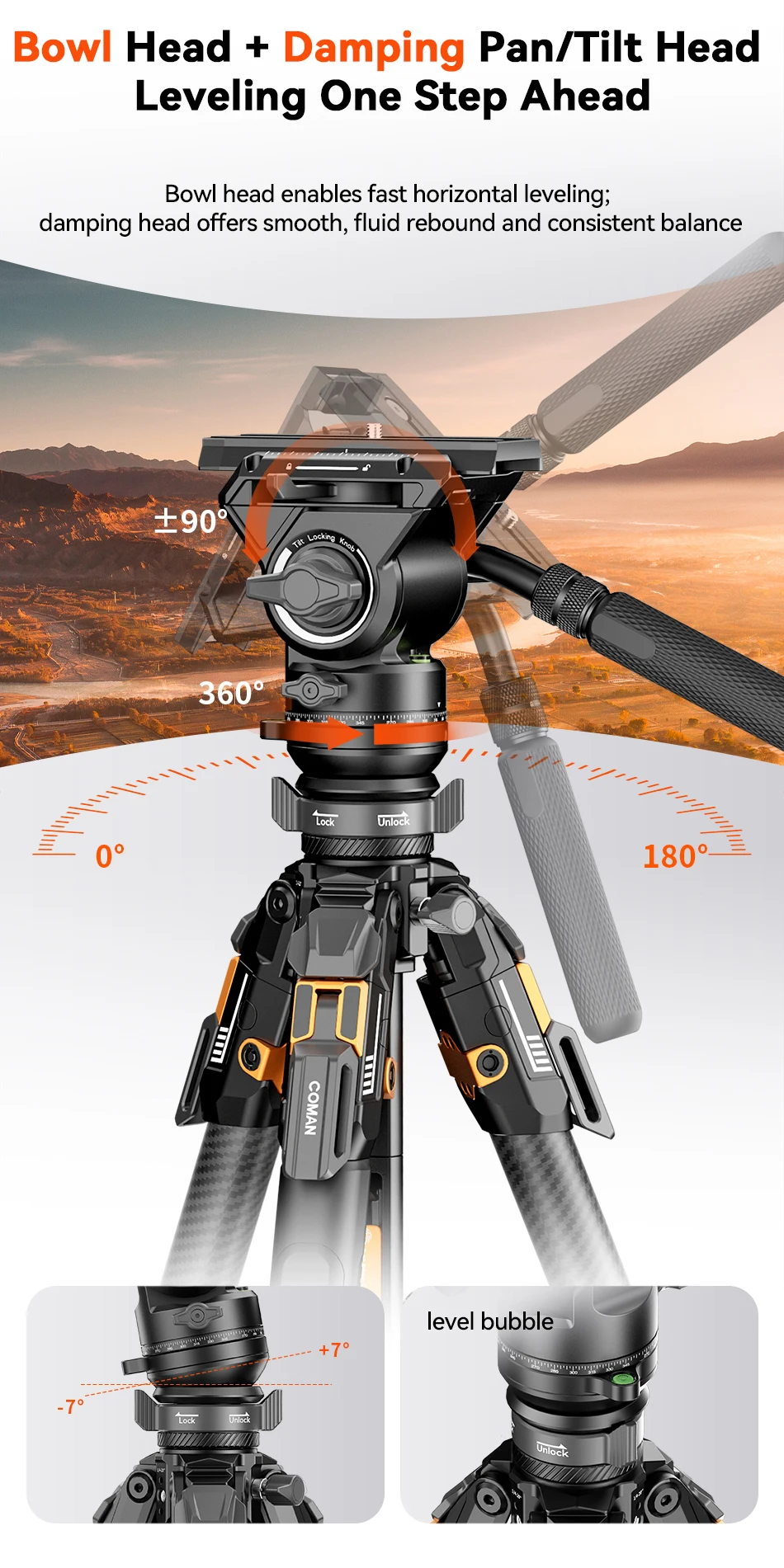 COMAN T1 T1S V5 Reise-Karbonfaser-Stativ mit Ein-Klick-Schnellverschluss und Panorama-Gimbal-Videokopf für DSLR-Kamera Manfrotto DJ – Detail 7