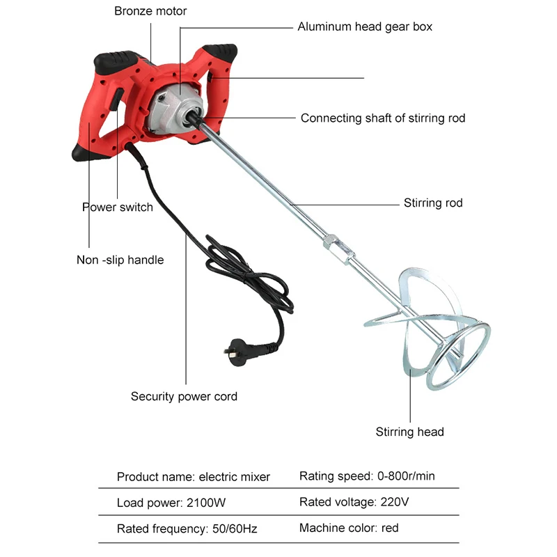 2100W Lndustrial Grade Electric Mixer 6 Gear Speed Adjustable Handheld Paint Cement Putty Powder Coating Mixed Concrete Mixer