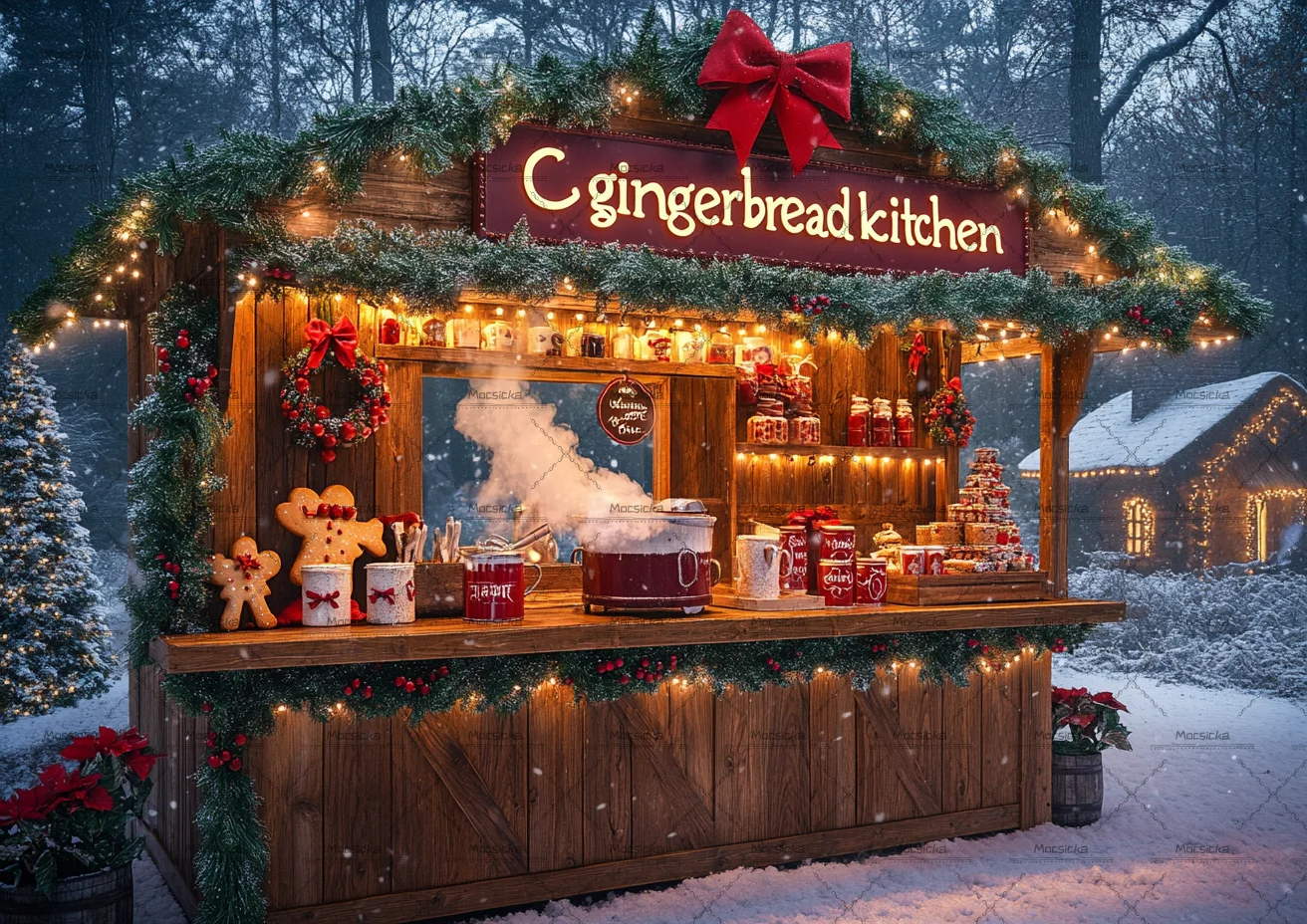 Christmas Gingerbread Bakery Stall Photography Backdrop Plaid Awning Cookie Gift Box Pine Garland Snow Winter Background Cloth