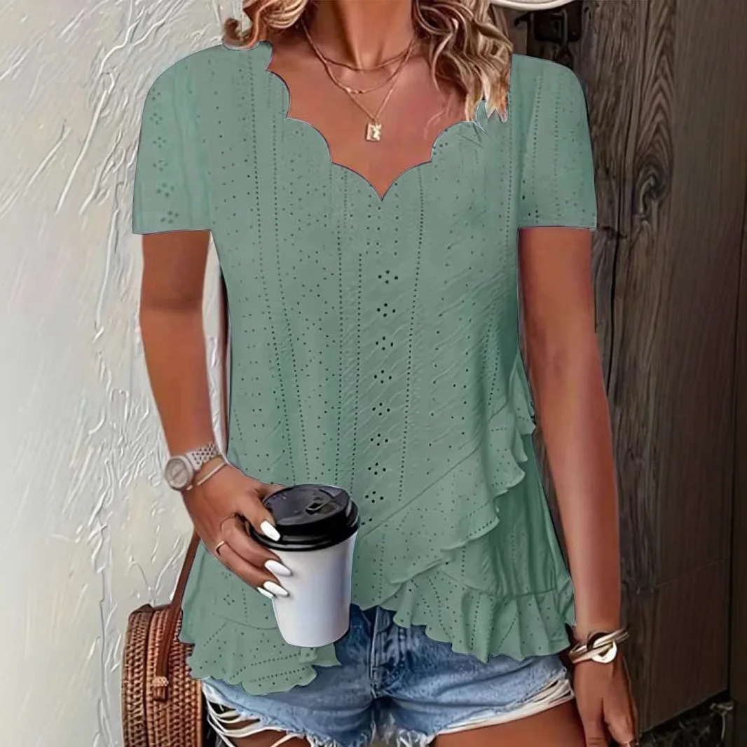 Women's Fashion Blouses Summer 2026 Ruffles Loose Hollow Out Tops Casual Solid Colors Wave V-Neck Short Sleeve White Shirts Lady view 2