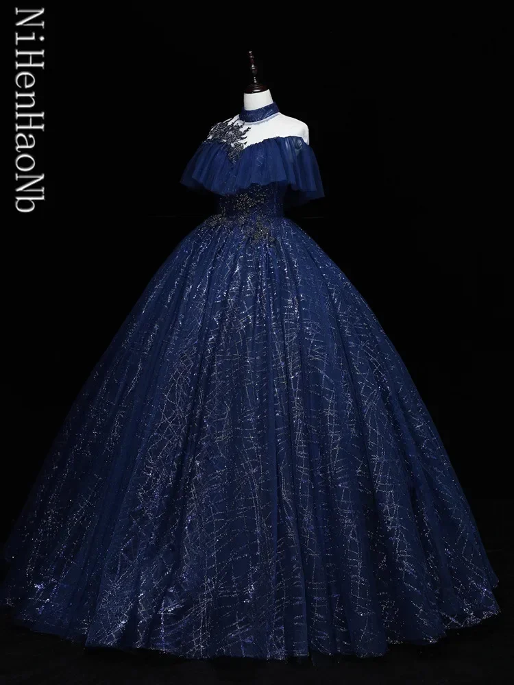 Luxury Dark Blue Quinceanera Dresses Classic Ball Gown Off The Shoulder Robes De Soirée Customize