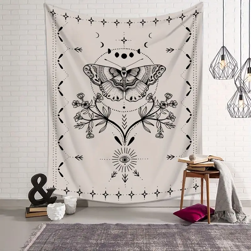 VIKAMA Black and White Star Moon Butterfly Tarot Tapestry Background Hanging Cloth Bohemian Astrology Room Decoration