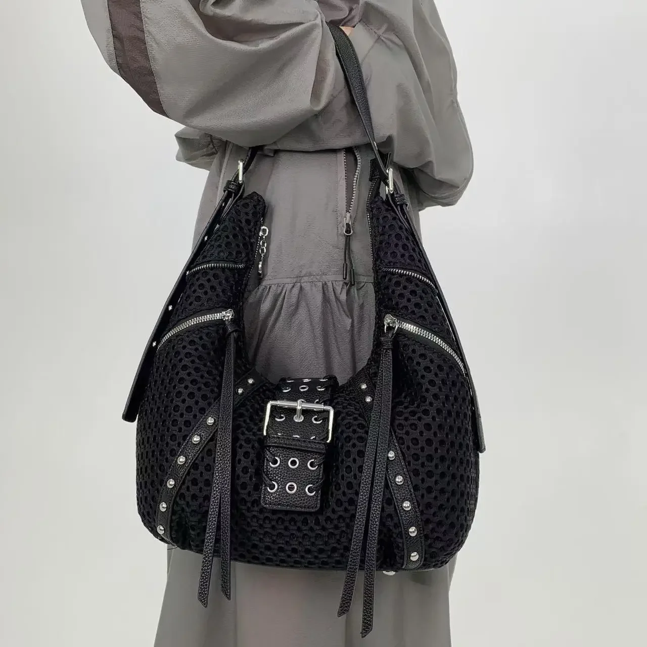 

Y2K Hot and Spicy Women's Street Shoulder Bag with Multiple Pockets, Tassel Zipper, Punk Crossbody Bag