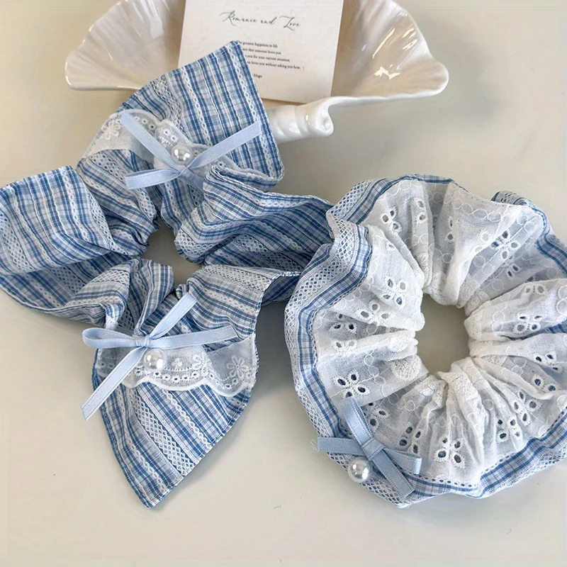 Neues blaues und weißes Haarband aus frisch karierter Spitze mit Schleife und Stoff, süßes Haar-Accessoire, quadratisches Schal-Haarband