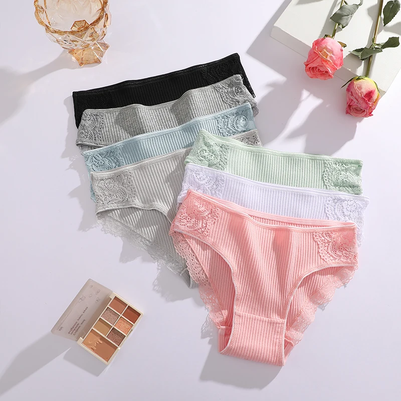 5Pcs/Set Floral Lace Panty Cotton Women Panties Underwear Women's Comfort Female Underpants 7 Solid Color Pantys Lingerie M-XXL