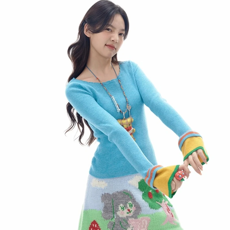 Outono inverno novo azul emenda listrado manga alargada renda camisola feminina design original retro lã malha pulôver senhoras