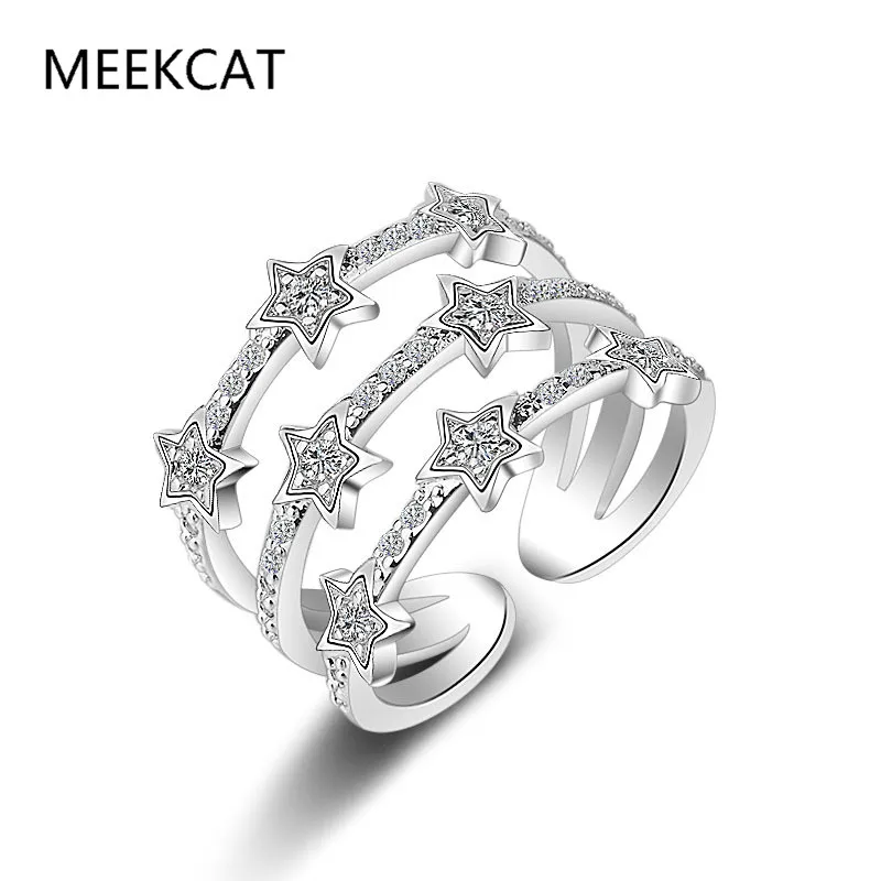 925 Sterling Silver Simple Multi-layer Opening Ring Delicate Zircon Starry Adjustable Ring for Women Party Gift BSR532-E