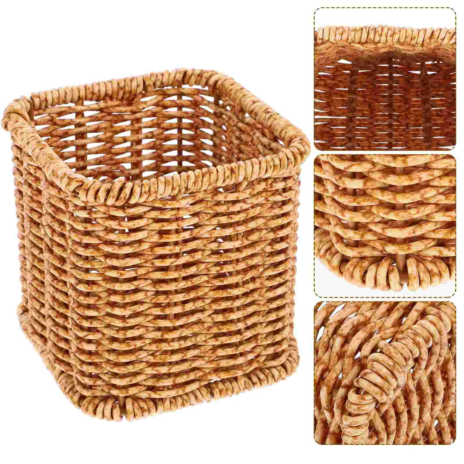 

Imitation Rattan Pen Holder Storage Box Container Bucket Serving Utensils Wicker Woven Portable Plastic Office Desk Decor