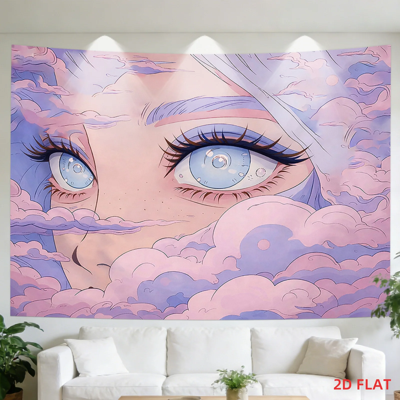 2D Flat Pastel Blue Eyes Pink Cloud Horizontal Tapestry Dreamy Non Luminous Wall Hanging Decor For Bedroom Meditation Room