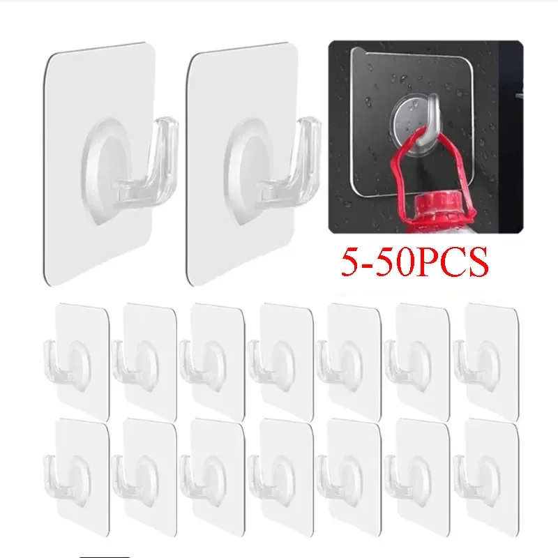 

5-50PCS Wall Hooks Transparent Strong Self Adhesive Key Towel Door Wall Hanger Hanging Kitchen Bathroom Accessories Hooks