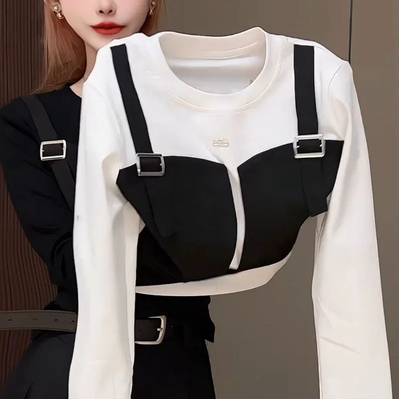 

2025 Autumn New Round Neck Fashion Fake Two-piece Design Western T-Shirt Women's Slim Contrast Color Long Sleeve Bottoming Top