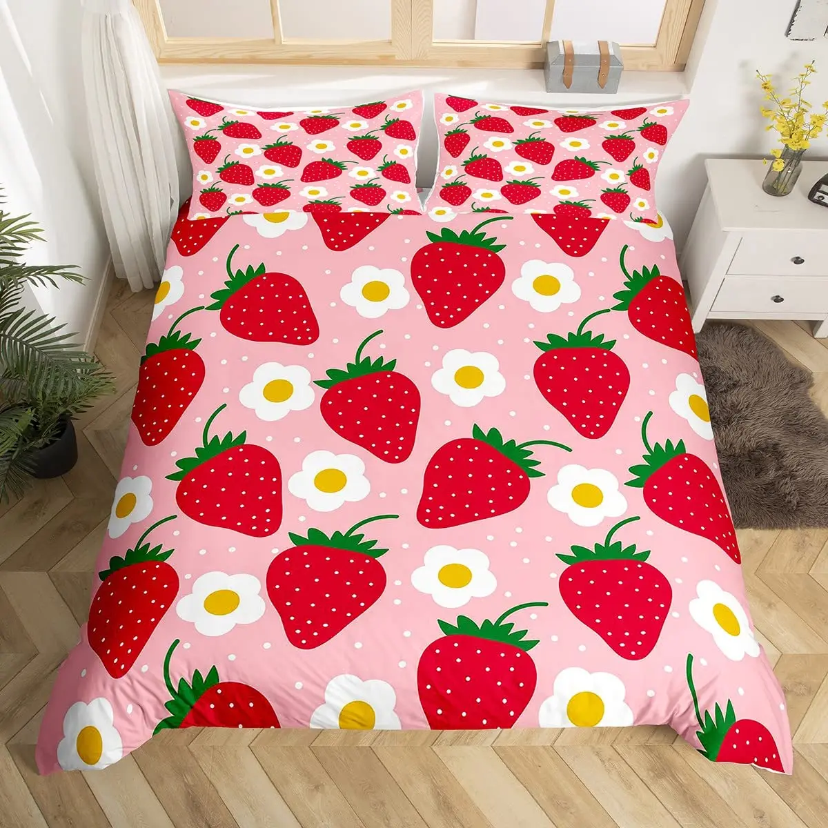 Sweet Fruits Duvet Cover, Cherry Strawberry Bedding Set for Girls Kids, Pink Summer Comforter Cover with 2 Pillowcases 3 Pieces