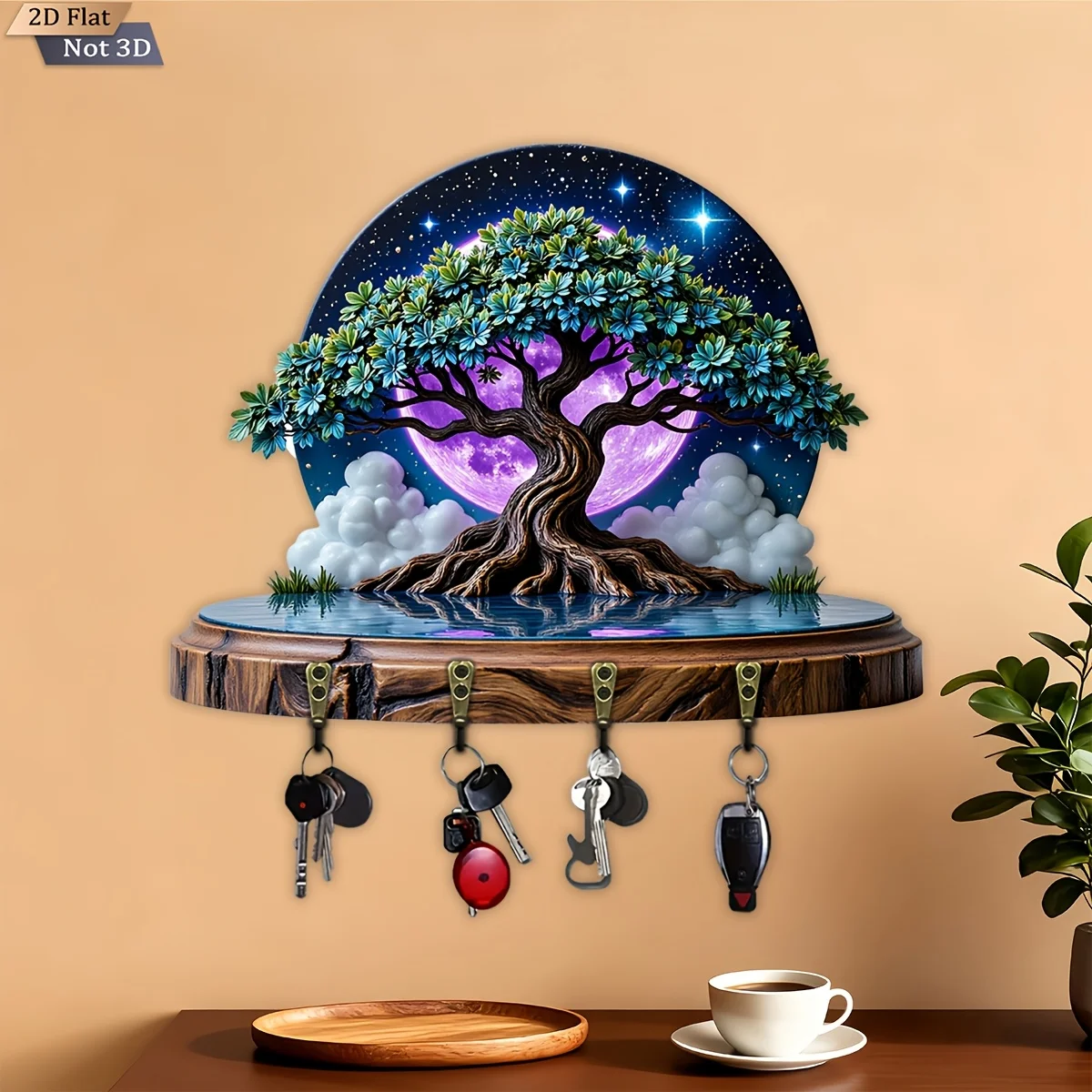 2D Flat, 1pc, Moonlit Tree Scene Theme Style Wooden Multi-functional Home Key Rack, with four metal hooks, wall decoration,
