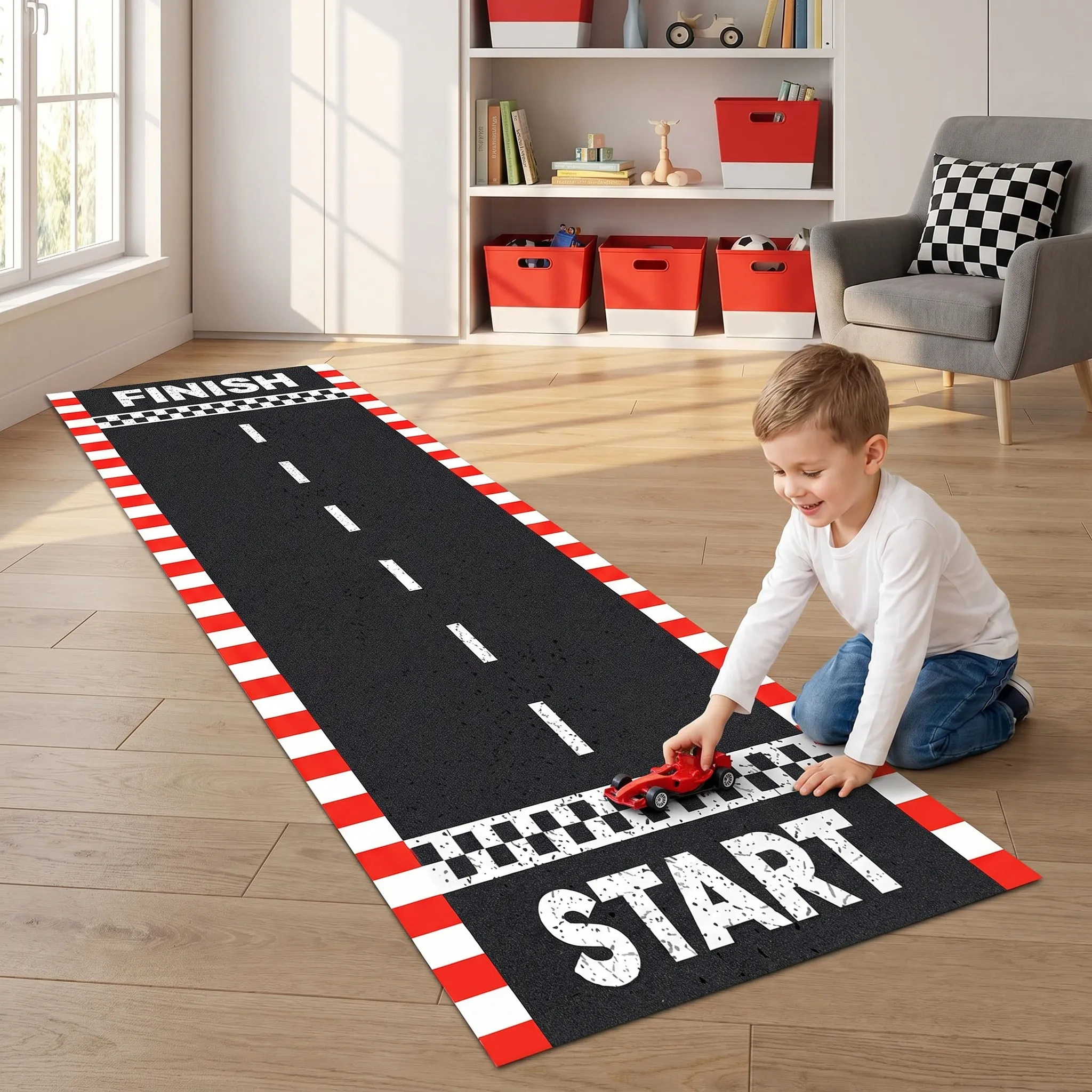 Racing Track Runner Rug Road Truck Carpet Start Finish Line Water Absorbent Quick Dry Floor Mat Playroom Bedroom