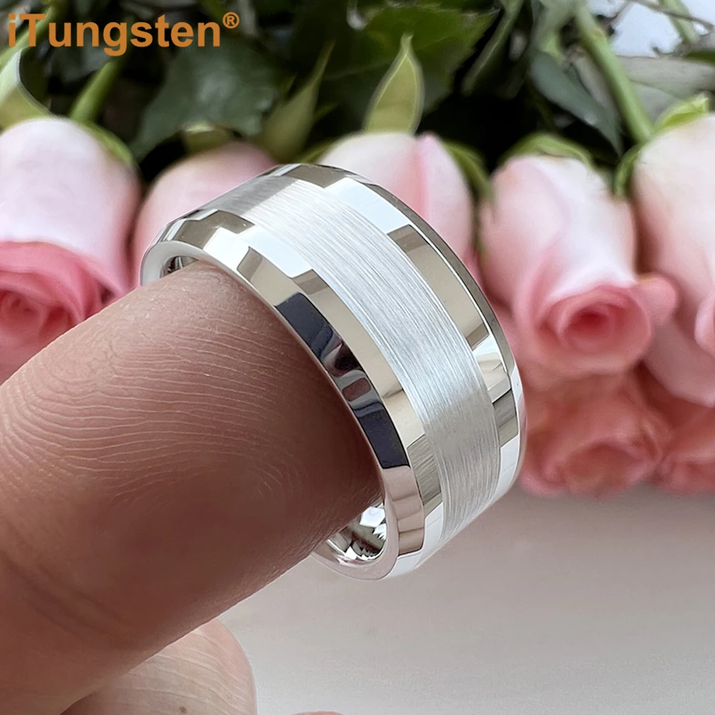 iTungsten 10mm large ring men's tungsten alloy engagement ring, beveled center brushed and polished, comfortable fit