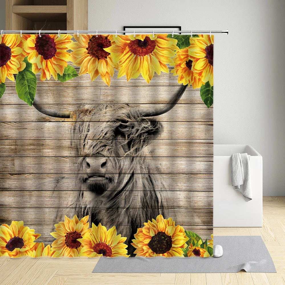 

Animal Cow Shower Curtain Sunflower Bathroom Decorative Printing Pattern Waterproof Polyester Washable Cloth Cover With Hooks