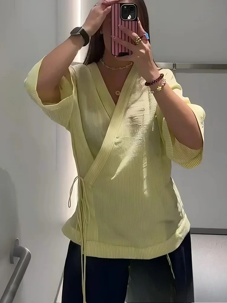 

KONDALA Casual Chic Women Blouse Yellow Striped V-Neck Long Sleeve Lace-up Loose Blouse Fashion 2025 Autumn Holiday Female Shirt