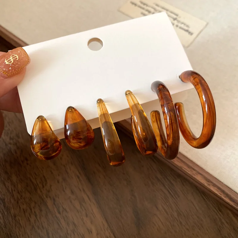 6 Pcs Retro Amber Color Resin Hoop Earrings Set Women Water Drop C Shaped Smudging  Acrylic Ear Loops Party Daily Jewelry Set M