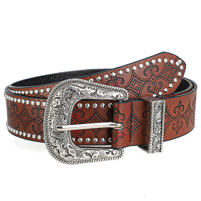 2026 New Style Women Pin Buckle Belt Soft Surface Vintage Carved Rivet Belt Versatile for Daily Jeans Decorative Waistband ND962