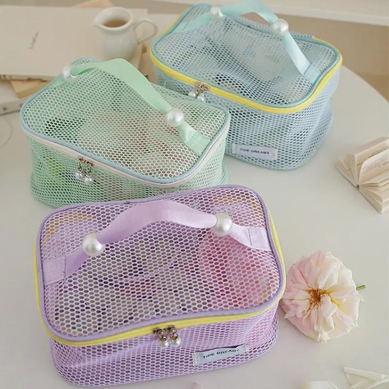 Portable Mesh Cosmetic Bag Travel Toiletry Bag Dopamine Pearl Zipper Bag Large Capacity Cosmetic Storage Pouch Makeup Organizer
