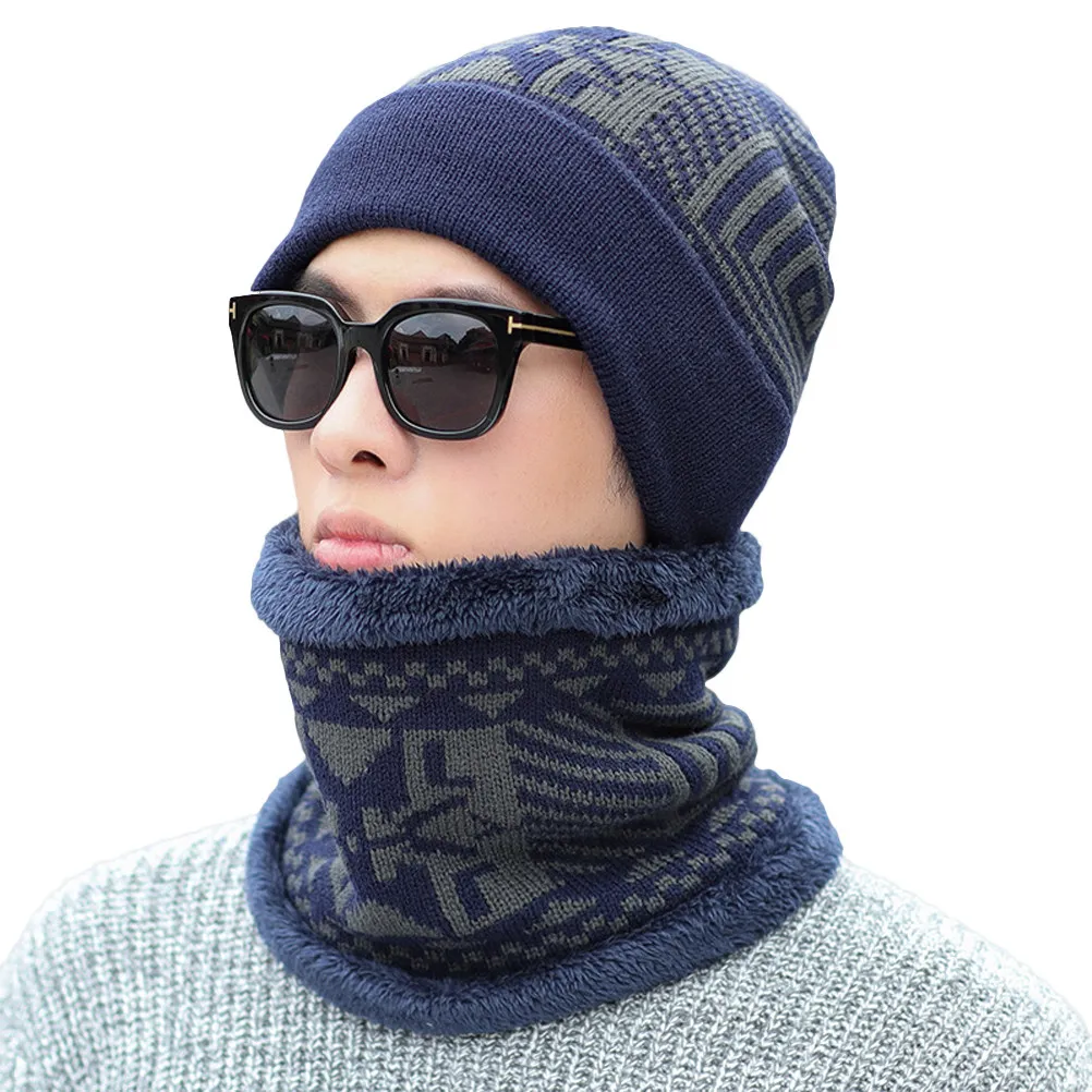 1Pcs Warm Knitted Scarf Hat Two-Piece Winter Headgear Men Outdoor Head Neck Warmer Knit Cap Blue for Skiing Running Hiking