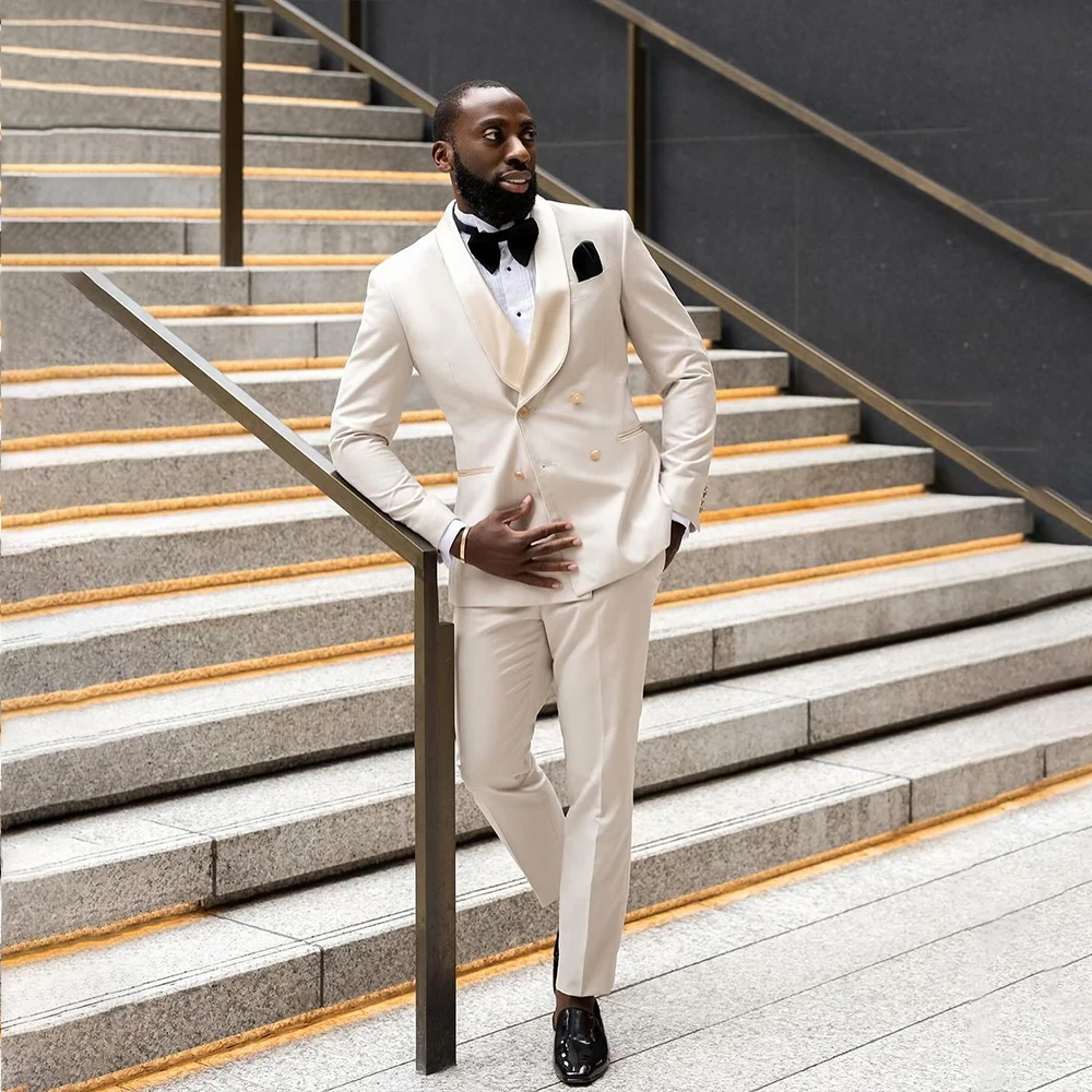 

Suit For Men Groom's Wedding 2 Pieces Slim Fit Blazer Wide Shawl Lapel Double Breasted Gold Button Luxury Men Suit Customized