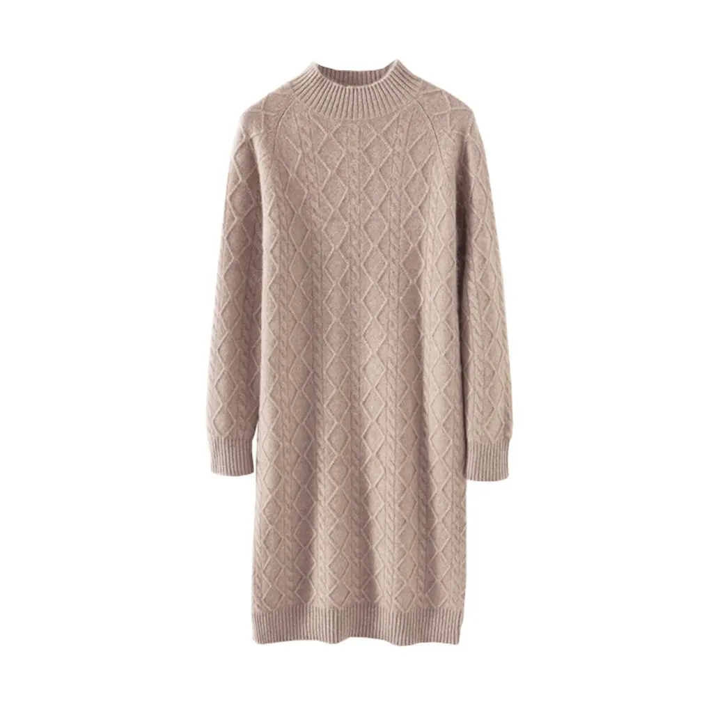 

Women's 100% Wool Knitted Sweater Dress Loose Fit Long Semi-high Collar Warm Thickened Bottoming for Autumn And Winter