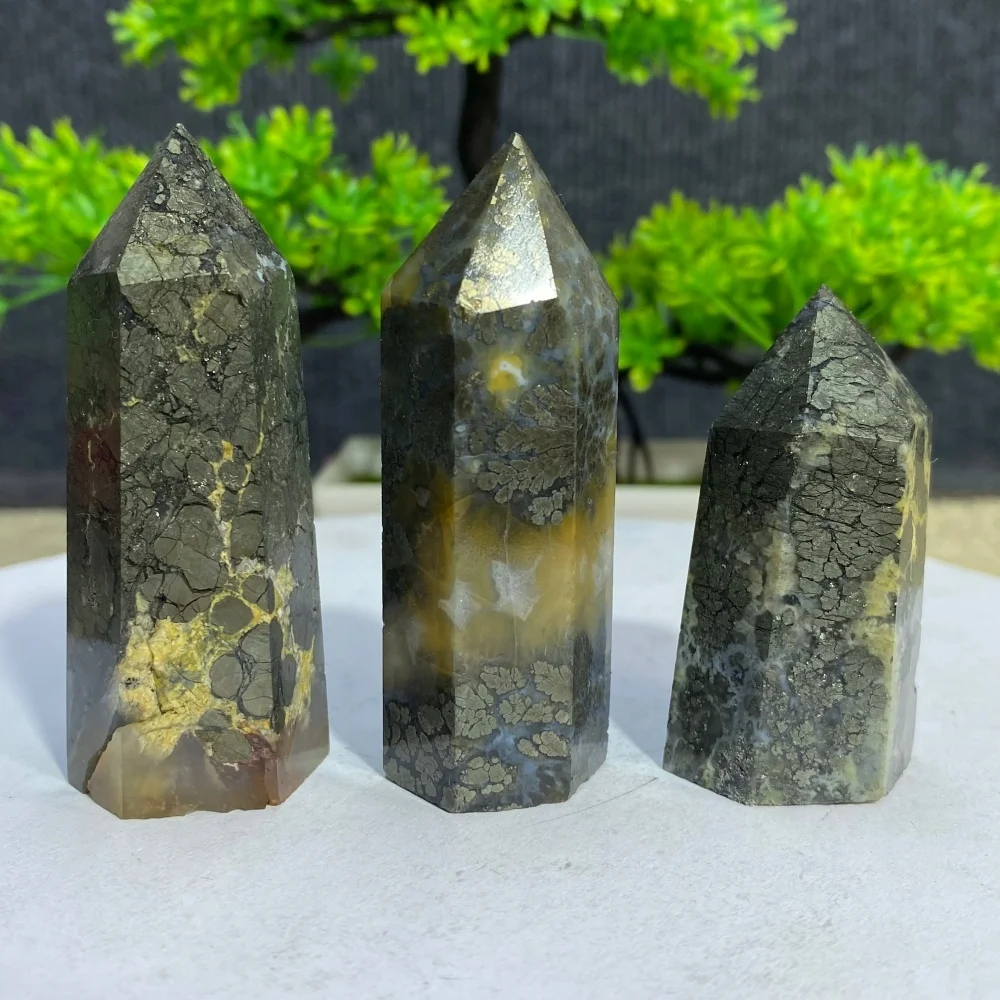Natural Copper Pyrite Crystal Mineral  Agate Obelisk Wand Energy Hexagonal Point Healing Stone Home Decor