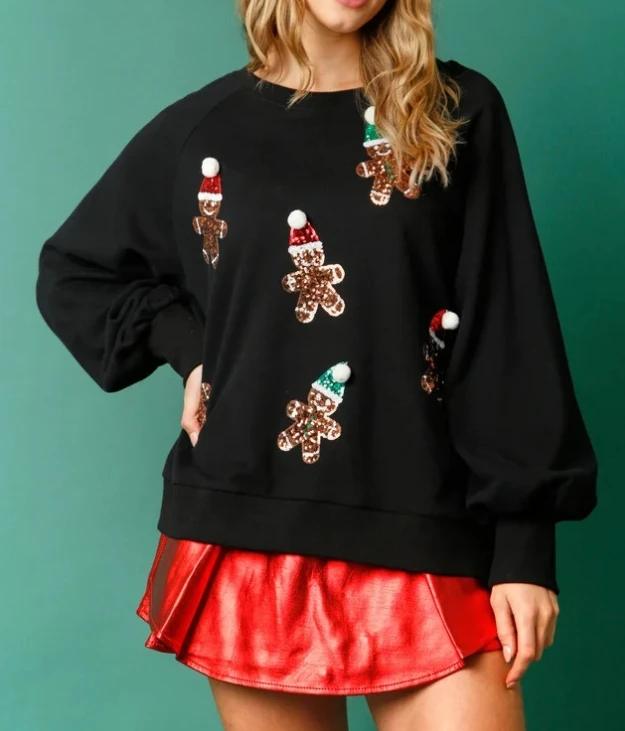 

Y2K Sweatshirt Women Sequins Gingerbread Man Pattern Round Neck Long Sleeve Hoodies Tops Christmas Clothes Pullover Street