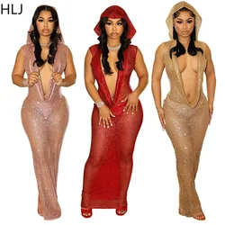 HLJ-Sexy Deep V Perspective Sequined Bodycon com capuz feminino, vestidos de festa, sem encosto, sem mangas, roupas finas, moda