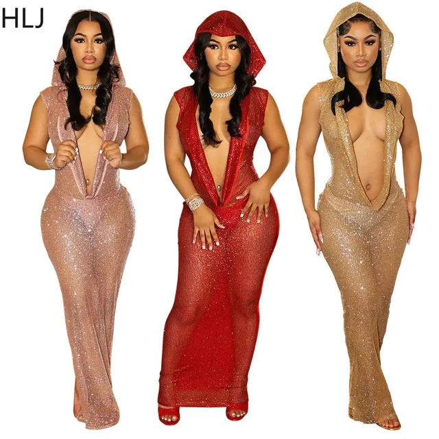 HLJ seksowna głęboka perspektywa V cekiny z kapturem Bodycon do klubu na imprezę sukienki damskie Backless bez rękawów Slim Vestidos modna odzież
