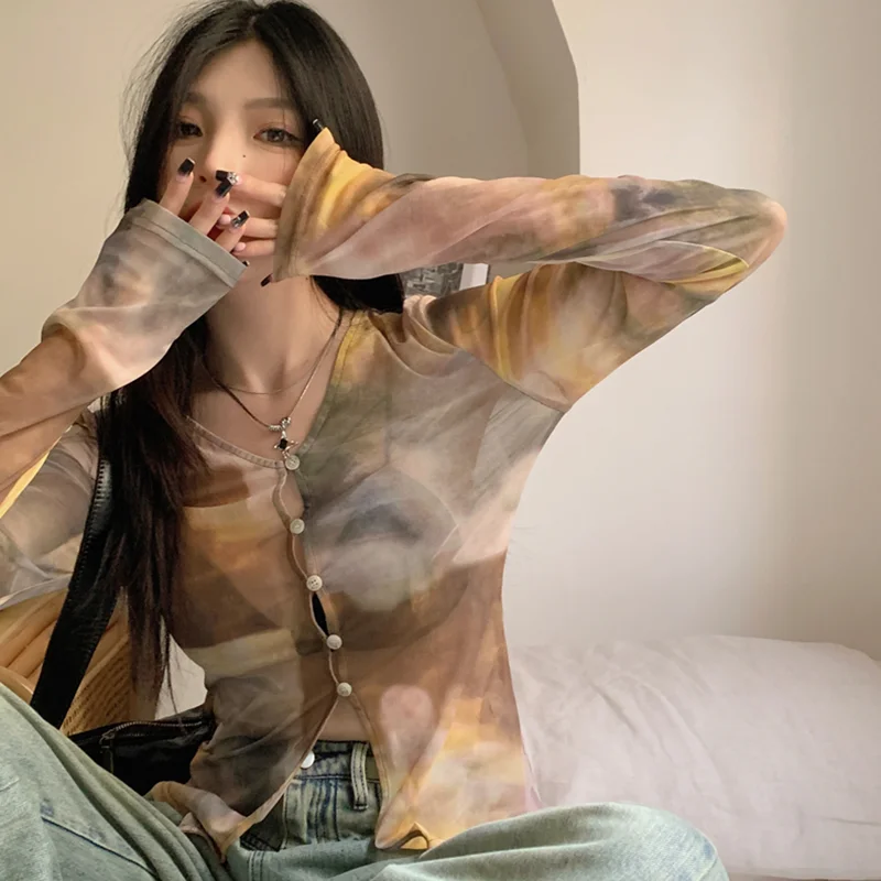 Spring Autumn New Fashion Elegance Tie Dye T-Shirts Women's Clothing Aesthetic Chic Cardigan Tees O Neck Long Sleeve Loose Tops