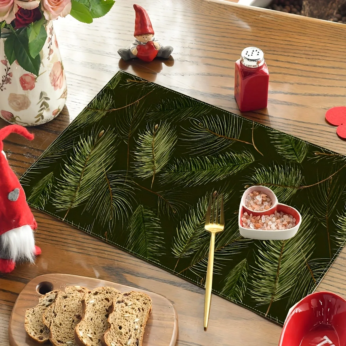 Minimal Christmas Placemats Table Mat Deep Green Fir Pine Sprig Pattern for Dining Table Farmhouse Holiday Home Decoration