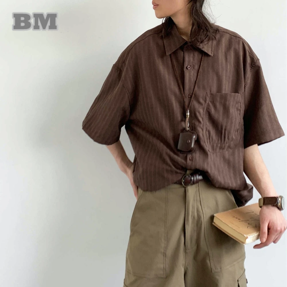 Japanese Vertical Striped Shirt Men Women Summer Casual Oversized Short Sleeve Vintage Preppy Fashion Button Down Top Unisex