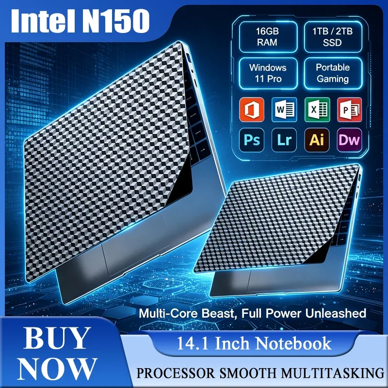 New 14.1'' Laptop Intel Core N150 32GB 2TB Gaming PC Ultra Slim Office Study Computer PC Windows 11 Pro 1920*1080 HD