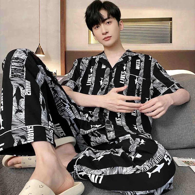 New Cotton Pijama for Men 2 Pieces Lounge Sleepwear Pyjamas Print Summer Bedgown Home Clothes Man PJs Pure Cotton Pajamas Set