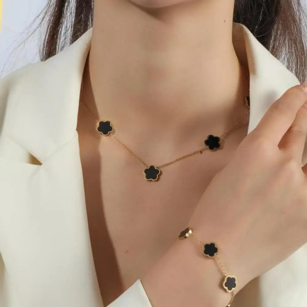 3 Pieces of Fashionable Stainless Steel Five-Leaf Flower Necklaces, Bracelets and Earrings Set, Versatile 18K Non-Fading Jewelry for Women