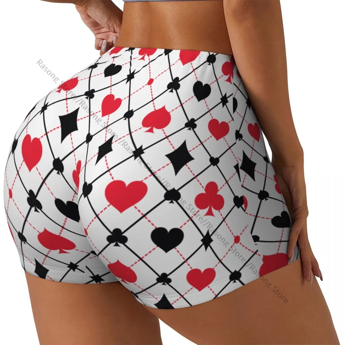 กางเกงขาสั้นโยคะผู้หญิงลายไพ่โป๊กเกอร์ กางเกงออกกำลังกายแห้งเร็ว กางเกงวิ่งออกกำลังกาย กางเกงกีฬา