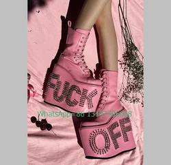 Lady Spike Metal Pink Mary Jane Platform Boots Lace-Up Letter Rivets Design Boots Pink Pu Platform Punk Gothic Style Boots Size