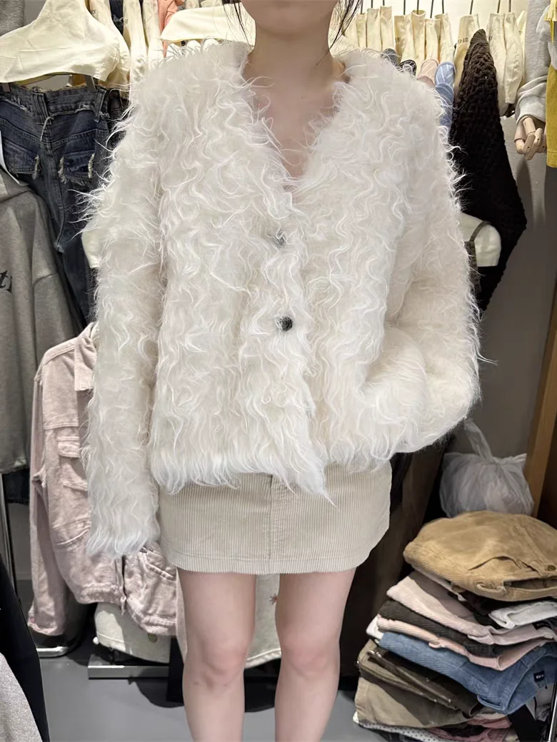 Elegant Short Knitted Sweater Coat Women's V-Neck Autumn Winter Luxury Style Furry Outerwear Casual Fashion Breathable