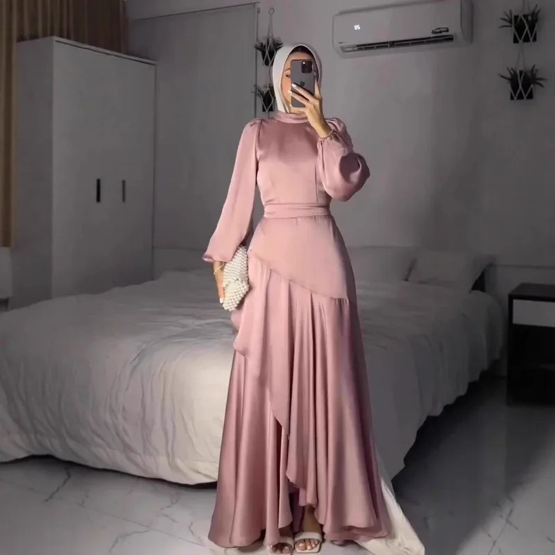 Temperament Rüschen Unregelmäßiges Kleid Muslimischen Satin Oansatz Hohe Taille Abendkleid Elegante Laterne Hülse Einfarbig A-linie Kleid