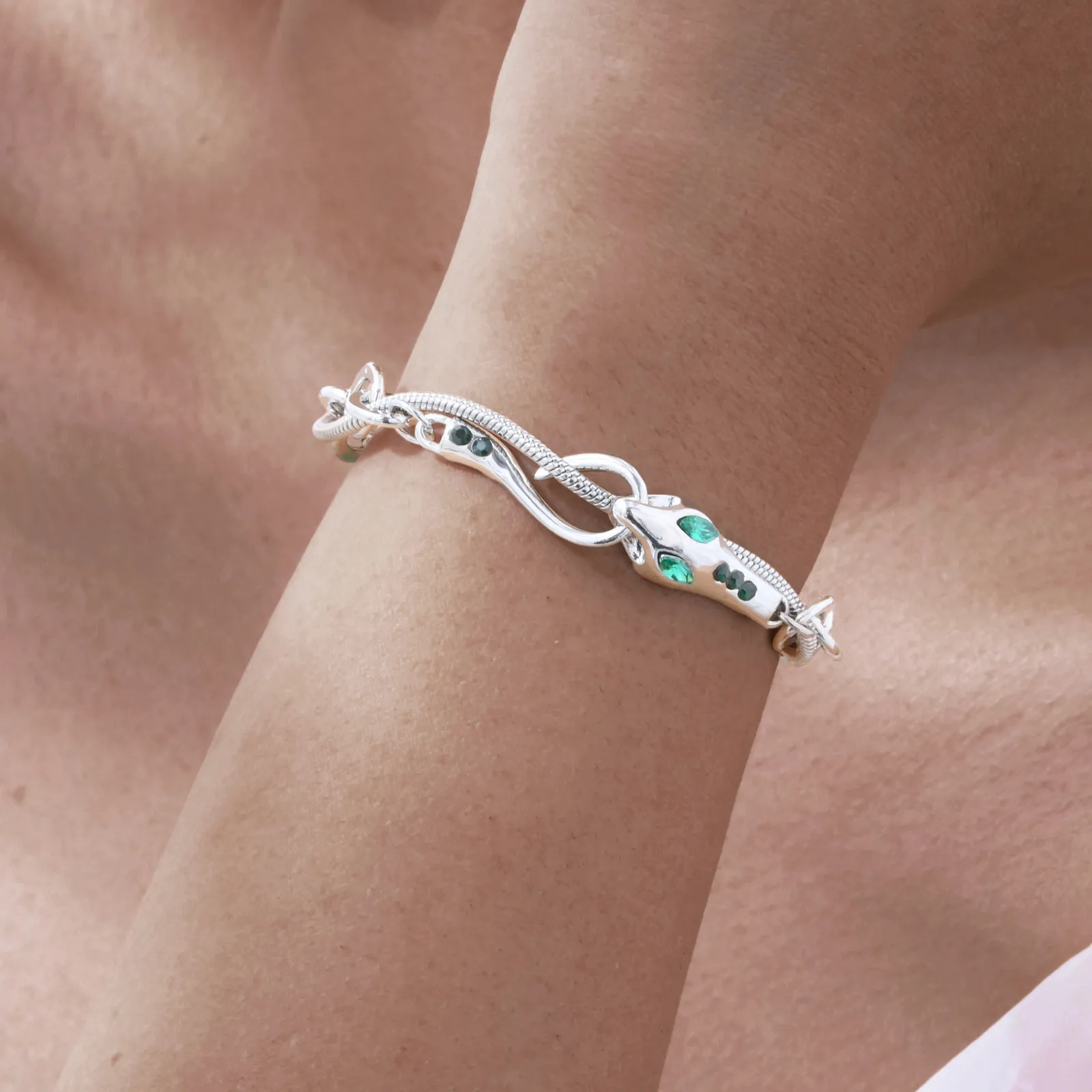 Vnox الفولاذ المقاوم للصدأ سلسلة بسيطة سوار للنساء الفتيات، الأخضر العينين الأفعى على شكل تصميم فاخر أساور فضية اللون مجوهرات #4